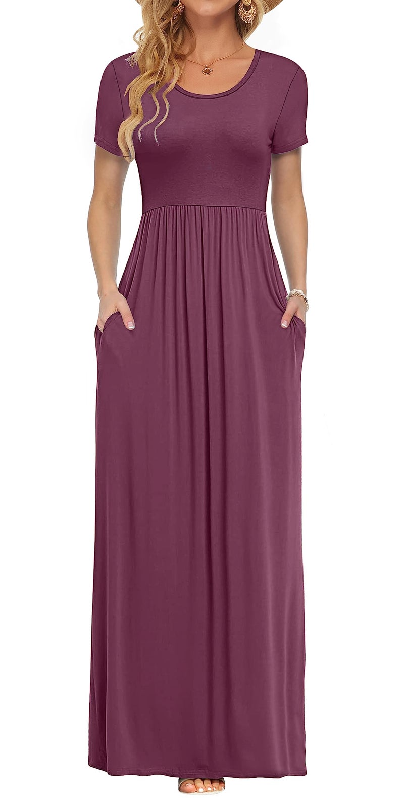 AUSELILY Women's Short Sleeve Loose Plain Casual Long Maxi Dresses for Women 2026 Mauve XL - Image 1